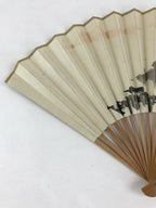 Japanese Folding Fan Sensu Vtg Bamboo Frame Ink Painting Red Seal White 4D680