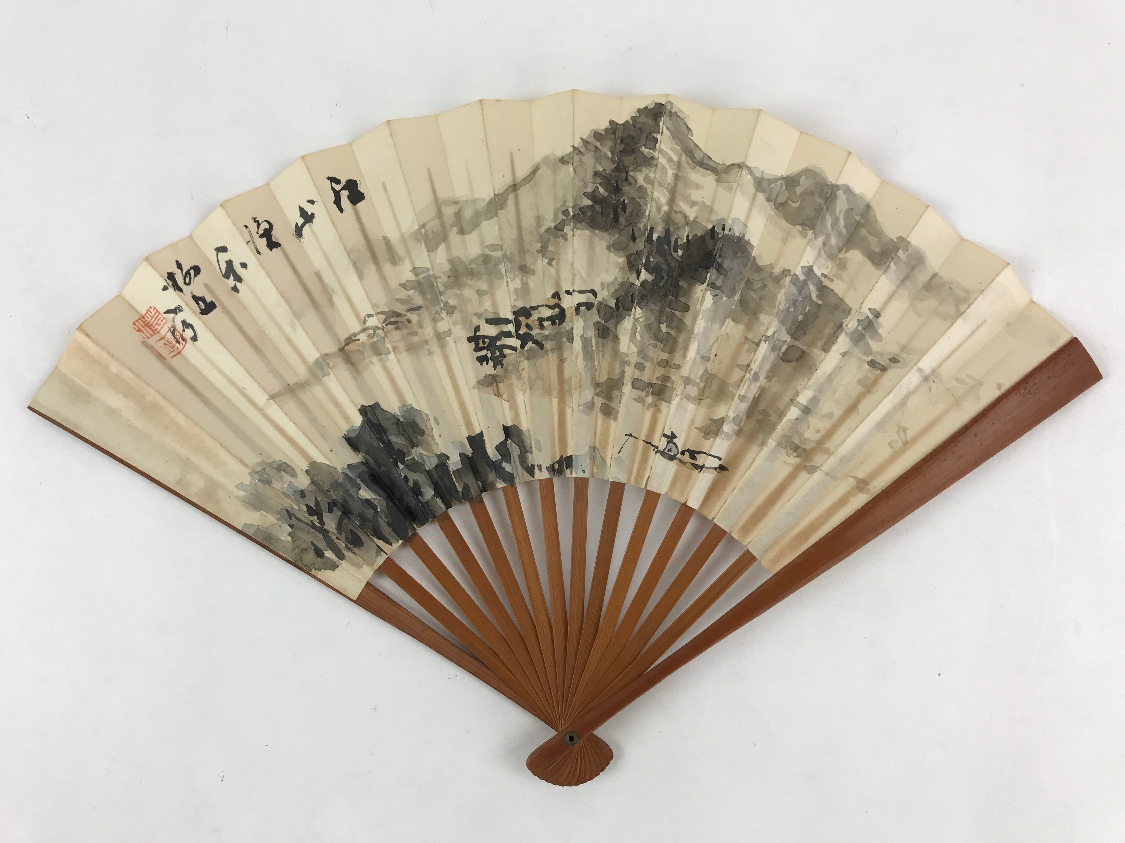 Japanese Folding Fan Sensu Vtg Bamboo Frame Ink Painting Red Seal White 4D681