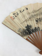 Japanese Folding Fan Sensu Vtg Bamboo Frame Ink Painting Red Seal White 4D681