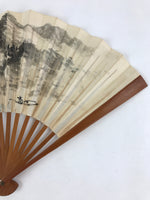 Japanese Folding Fan Sensu Vtg Bamboo Frame Ink Painting Red Seal White 4D681