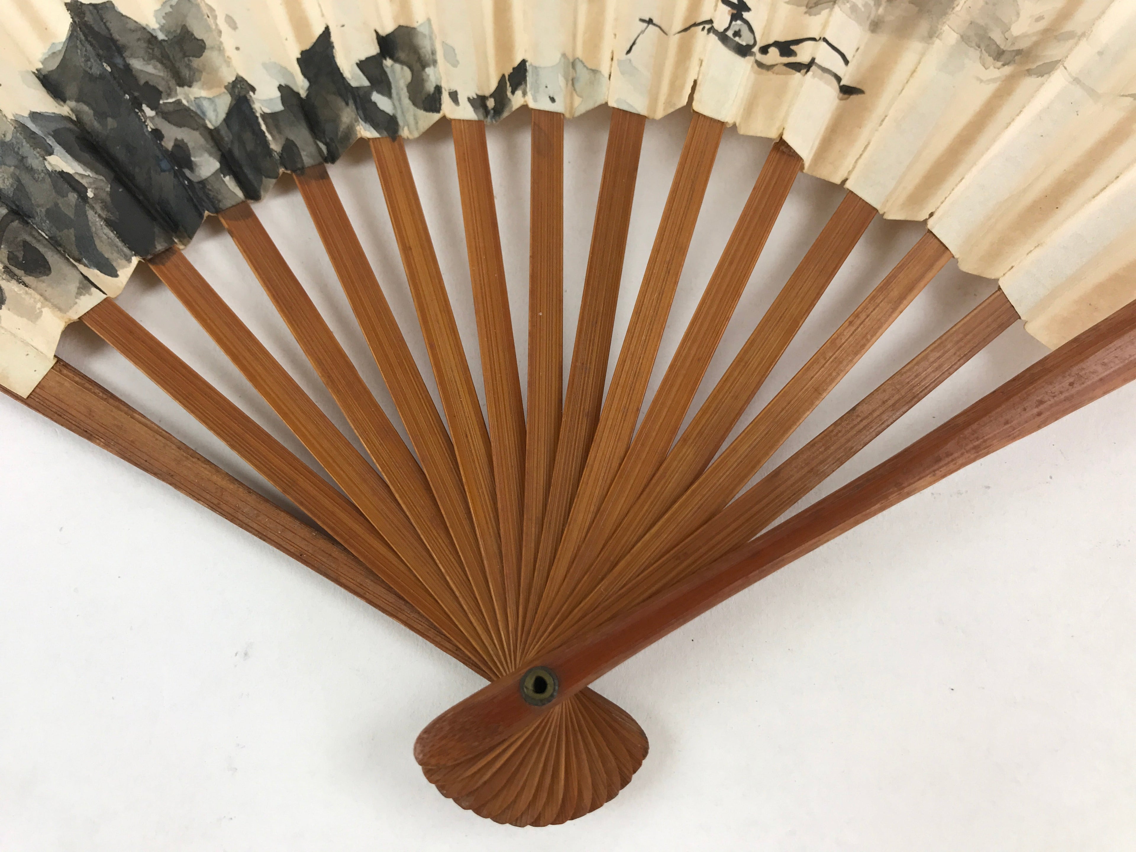 Japanese Folding Fan Sensu Vtg Bamboo Frame Ink Painting Red Seal White 4D681