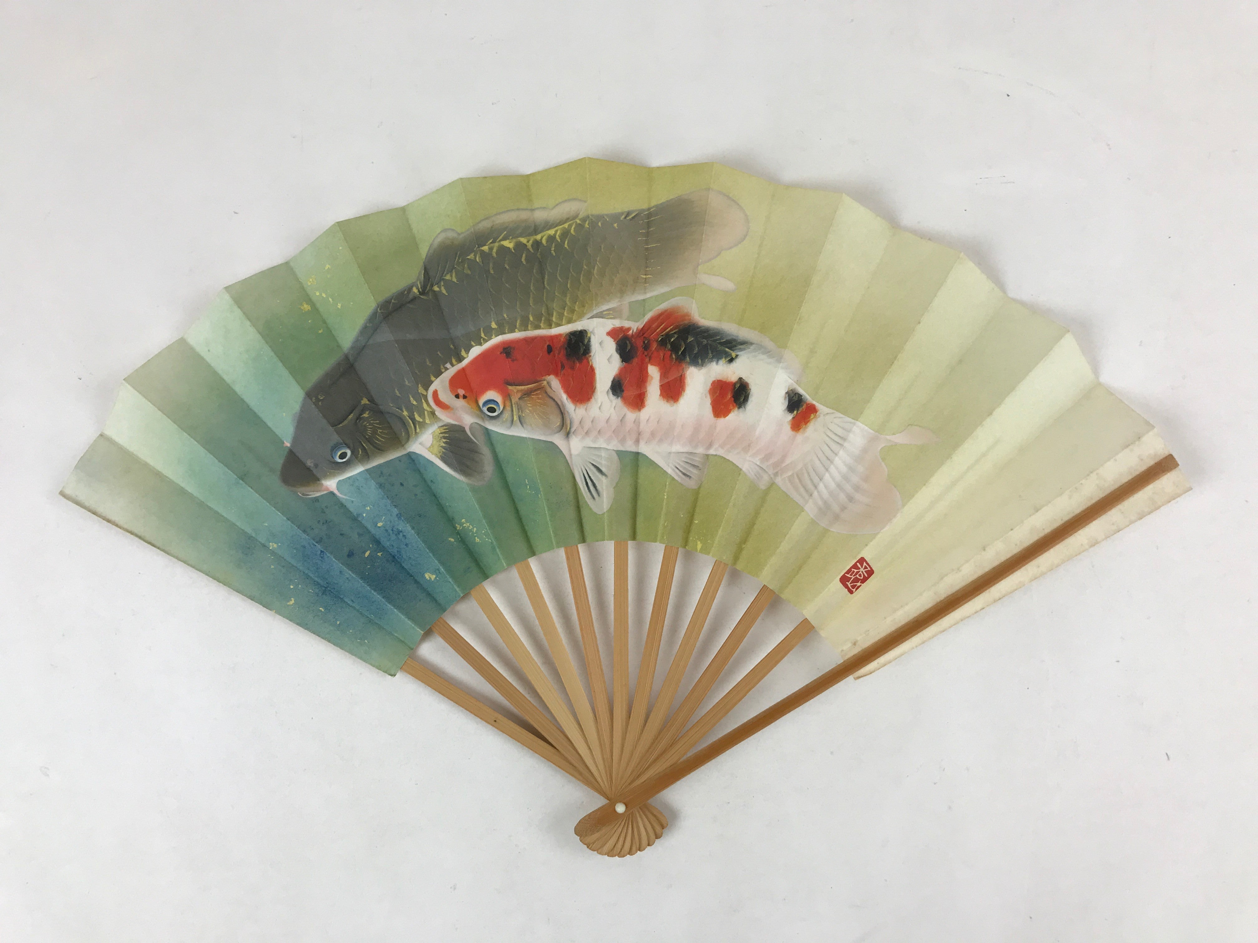 Japanese Folding Fan Sensu Vtg Bamboo Frame Japanese Carps Koi Colored