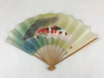 Japanese Folding Fan Sensu Vtg Bamboo Frame Japanese Carps Koi Colored 4D694