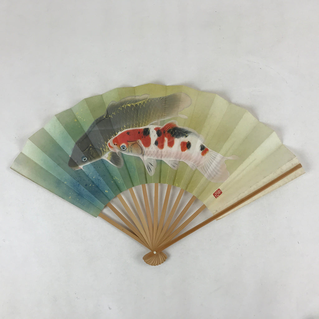 Japanese Folding Fan Sensu Vtg Bamboo Frame Japanese Carps Koi Colored 4D694