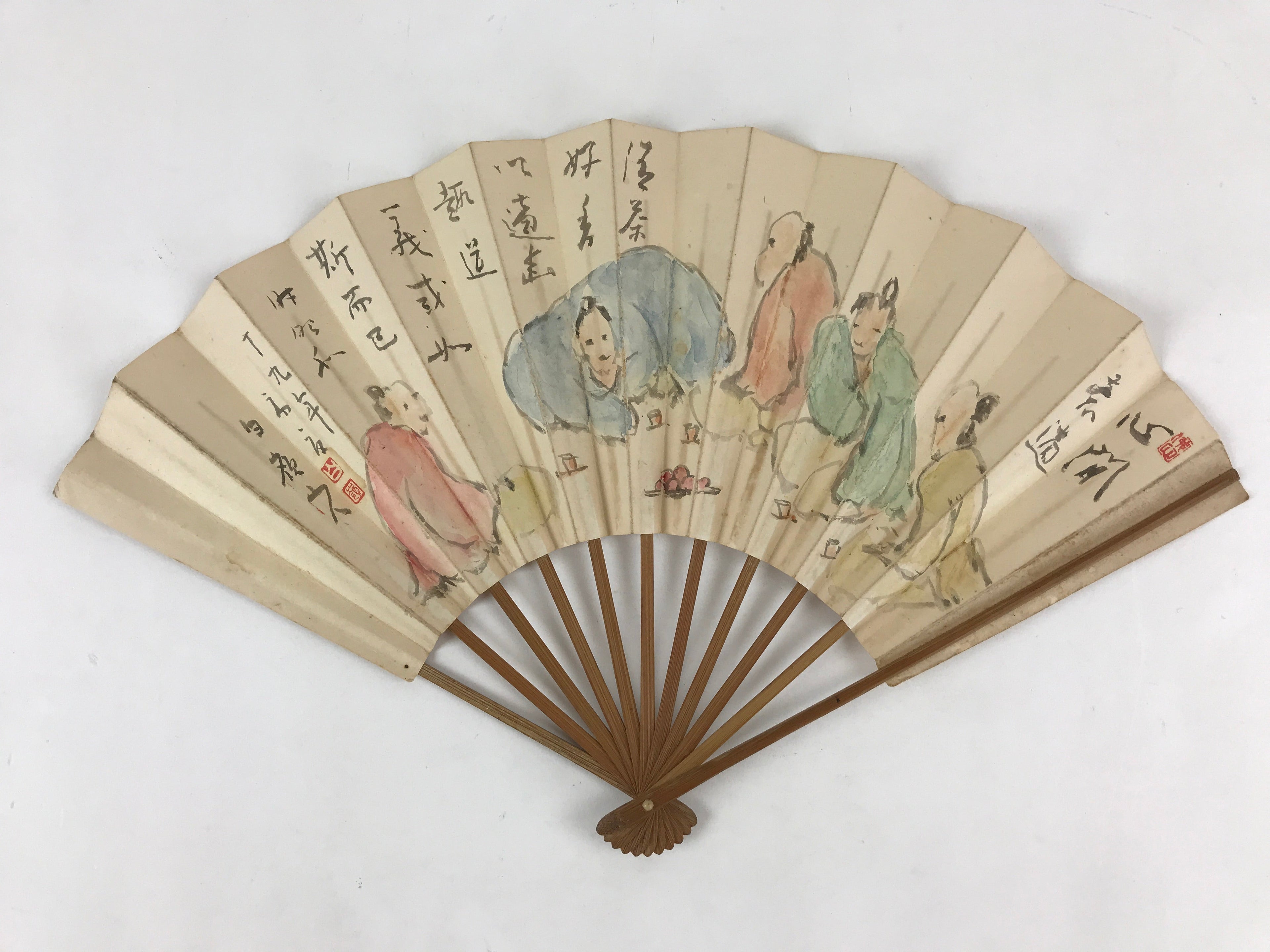 Japanese Folding Fan Sensu Vtg Bamboo Frame Kanji Characters White Samurai 4D646