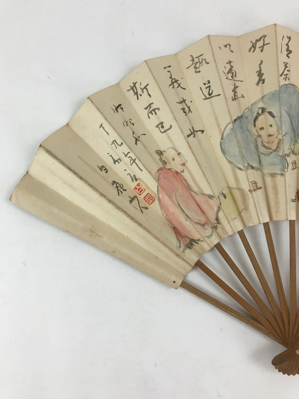 Japanese Folding Fan Sensu Vtg Bamboo Frame Kanji Characters White Samurai 4D646