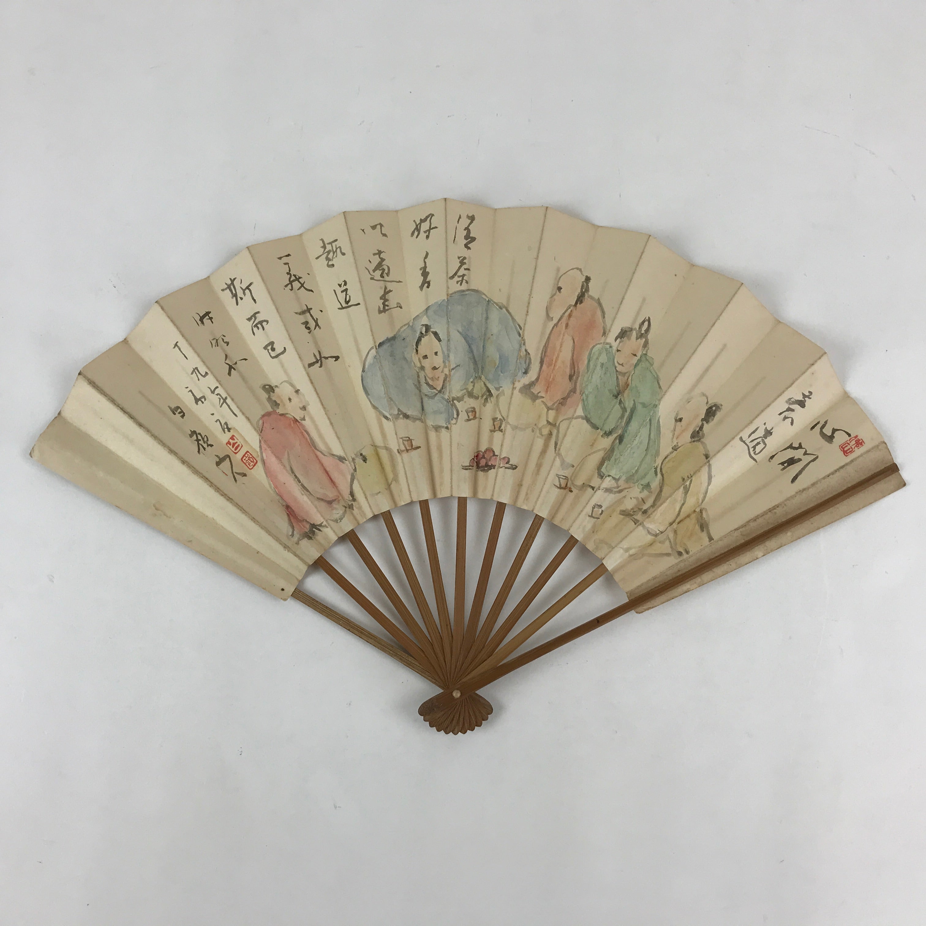 Japanese Folding Fan Sensu Vtg Bamboo Frame Kanji Characters White Samurai 4D646