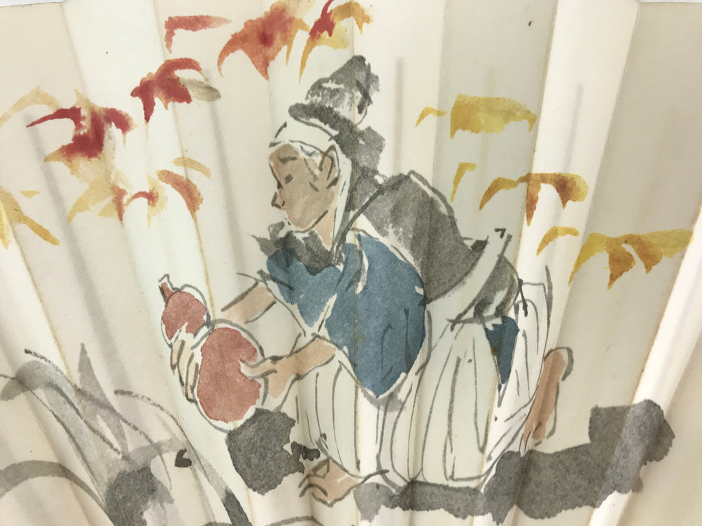 Japanese Folding Fan Sensu Vtg Bamboo Frame Kanji Characters White Samurai 4D647