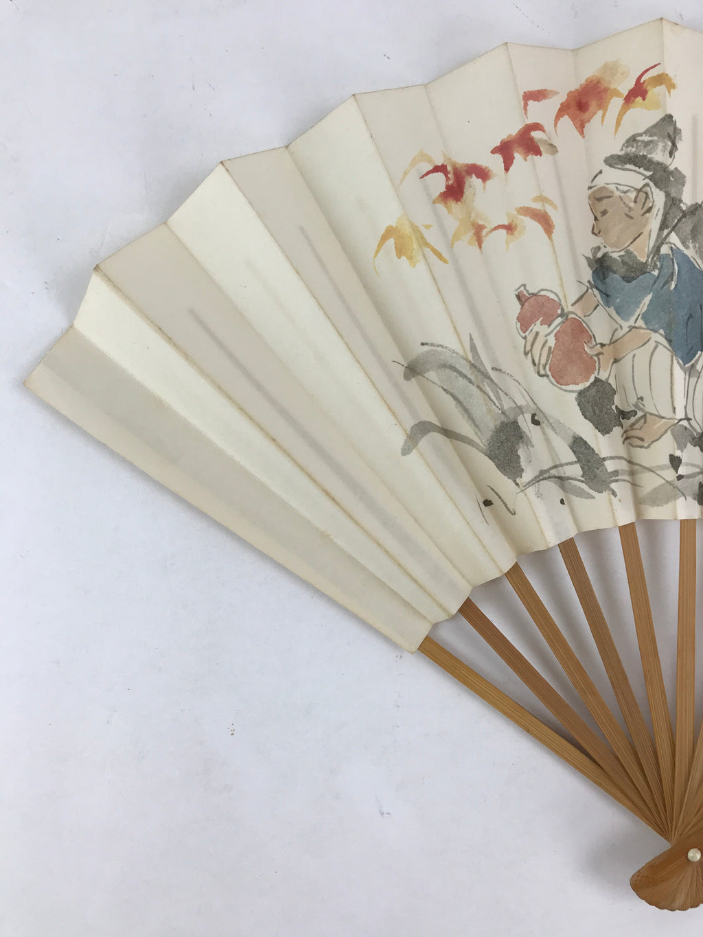 Japanese Folding Fan Sensu Vtg Bamboo Frame Kanji Characters White Samurai 4D647