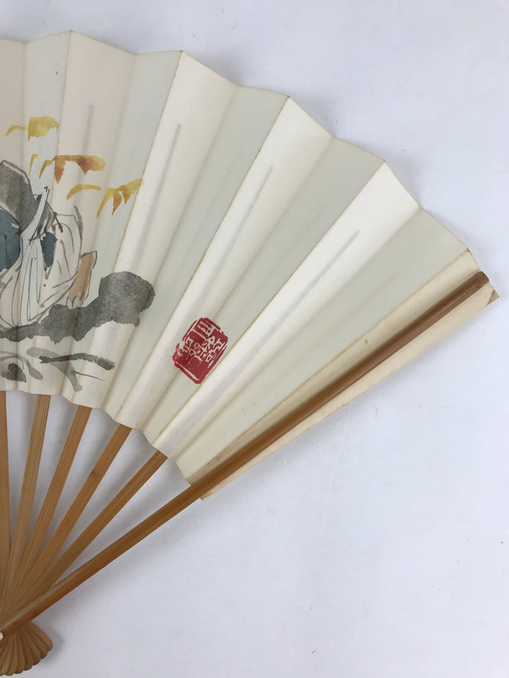 Japanese Folding Fan Sensu Vtg Bamboo Frame Kanji Characters White Samurai 4D647