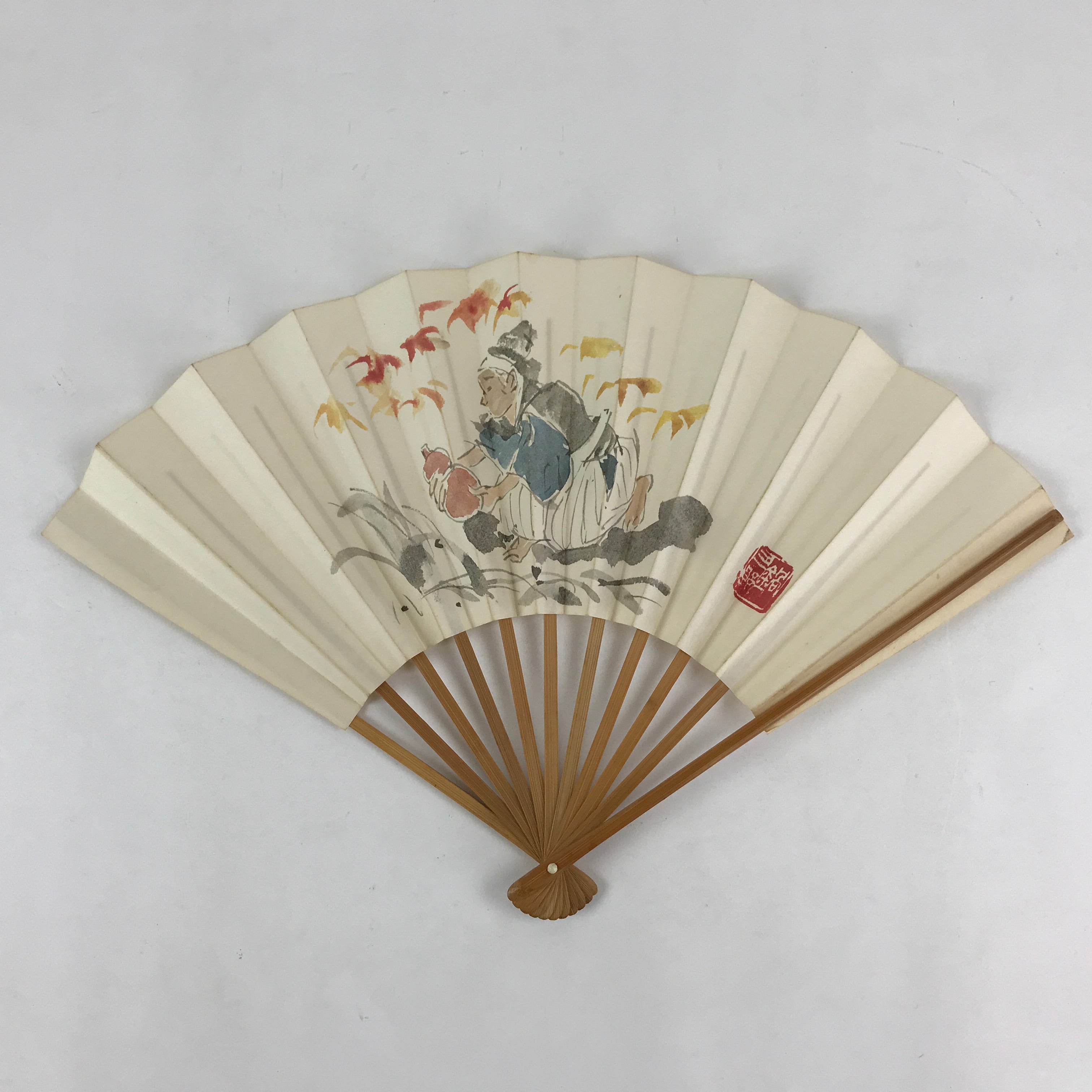 Japanese Folding Fan Sensu Vtg Bamboo Frame Kanji Characters White Samurai 4D647