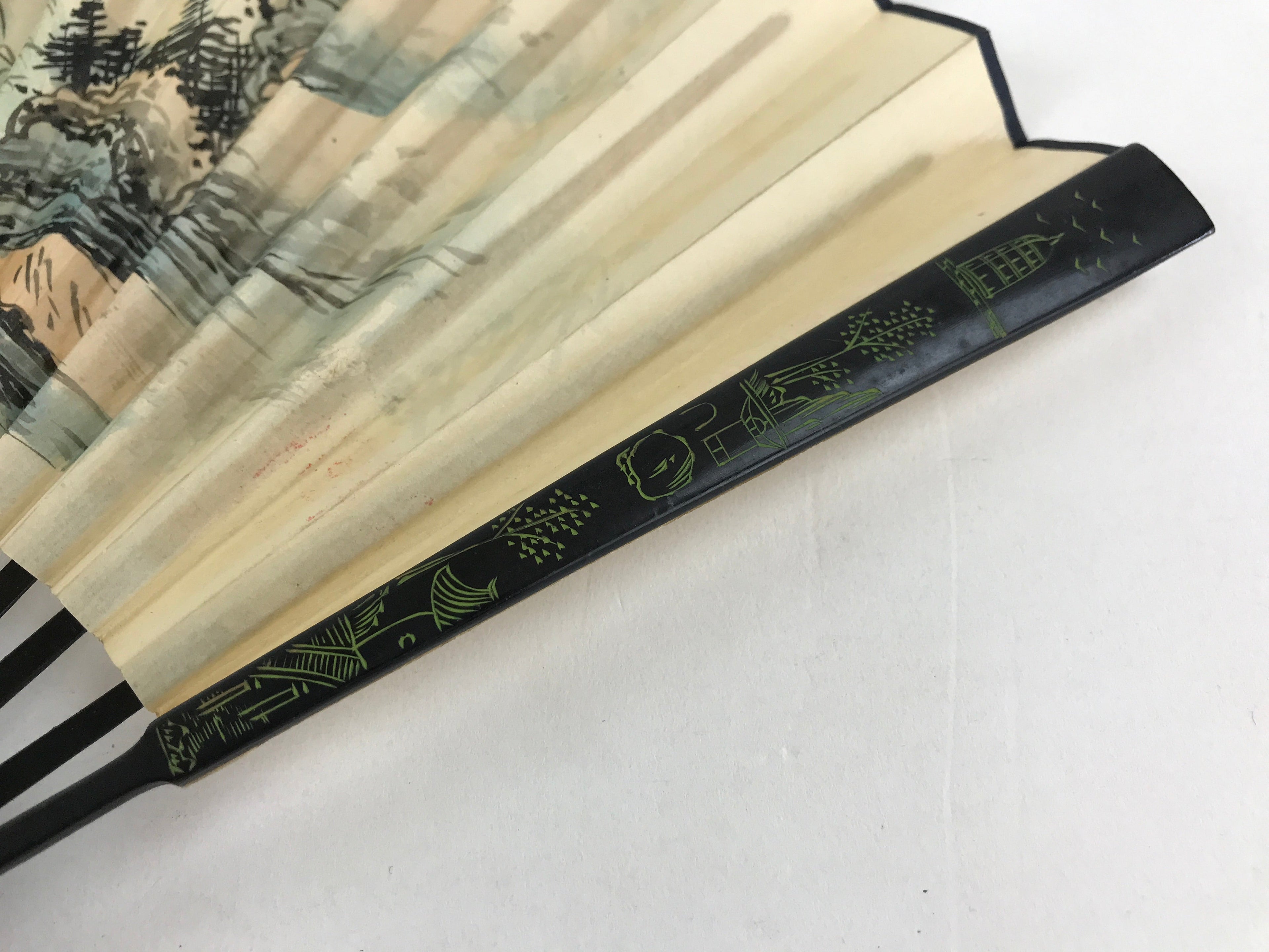 Japanese Folding Fan Sensu Vtg Bamboo Frame Kanji Characters White Simple 4D645