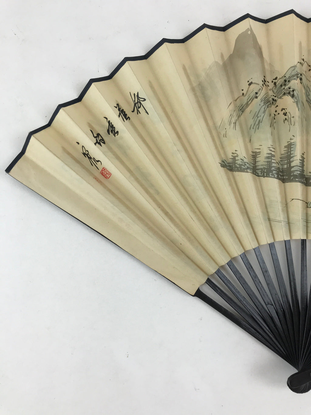 Japanese Folding Fan Sensu Vtg Bamboo Frame Kanji Characters White Simple 4D645