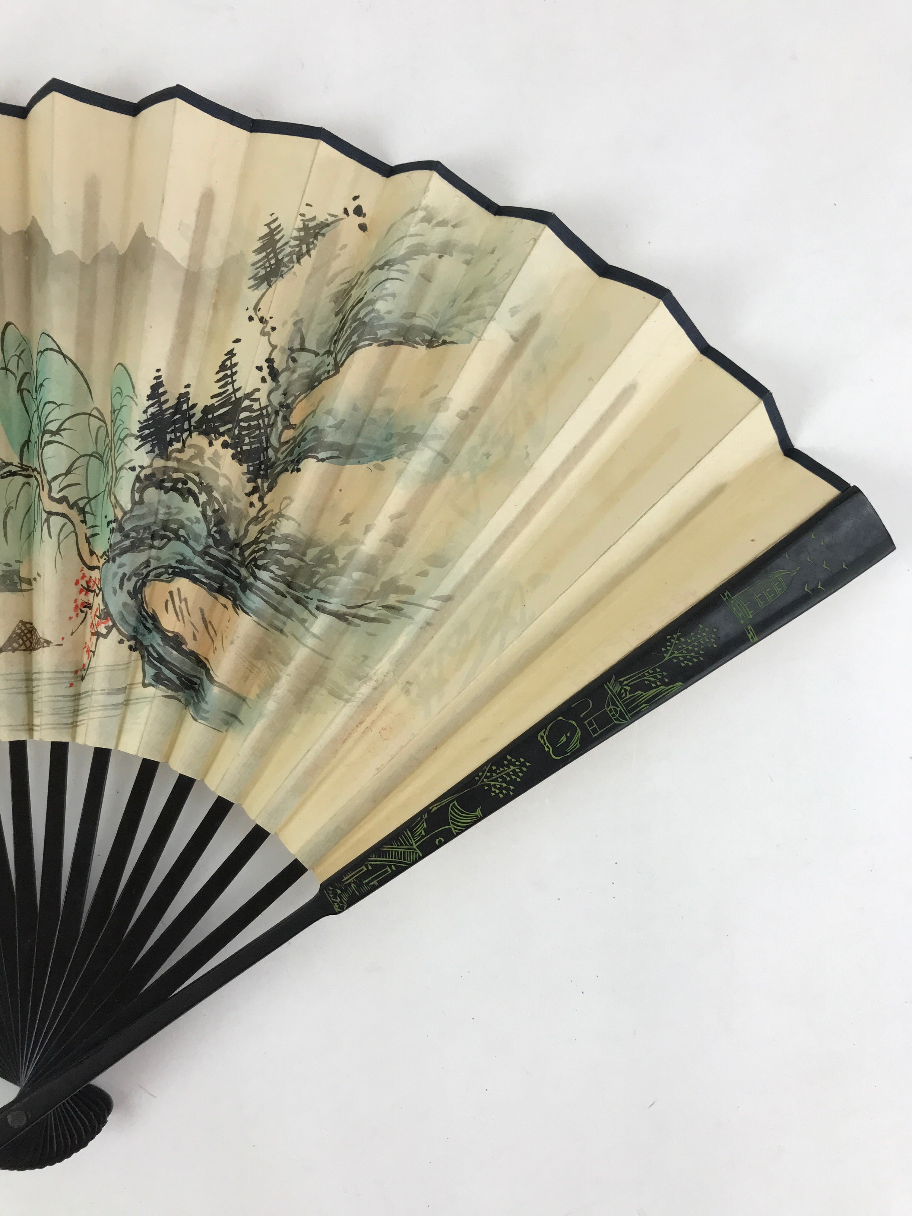 Japanese Folding Fan Sensu Vtg Bamboo Frame Kanji Characters White Simple 4D645