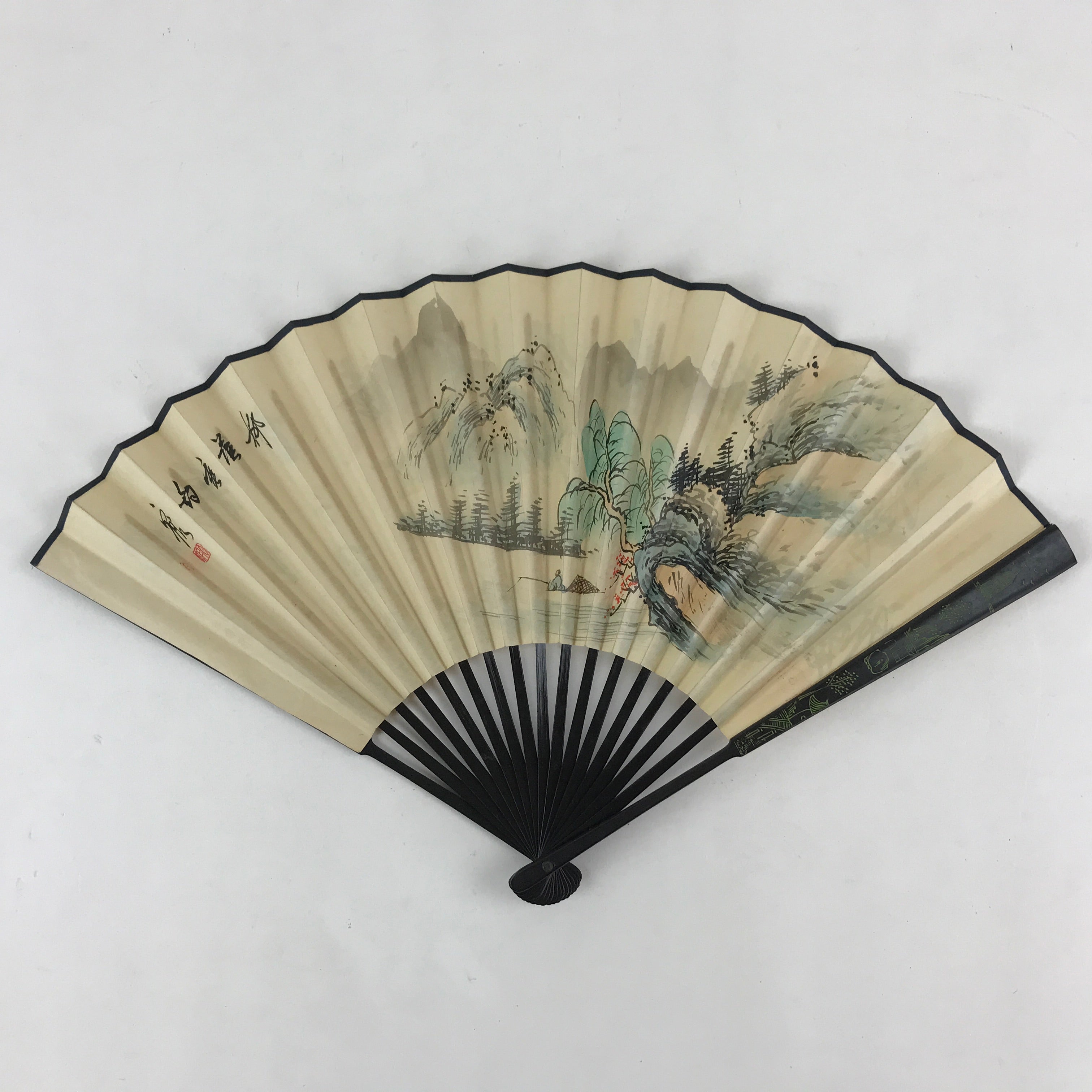 Japanese Folding Fan Sensu Vtg Bamboo Frame Kanji Characters White Simple 4D645