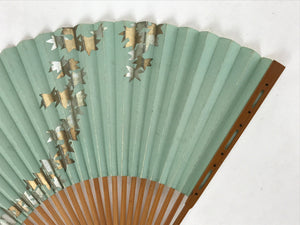 Japanese Folding Fan Sensu Vtg Bamboo Frame Maple Leaf Mint Green 4D745