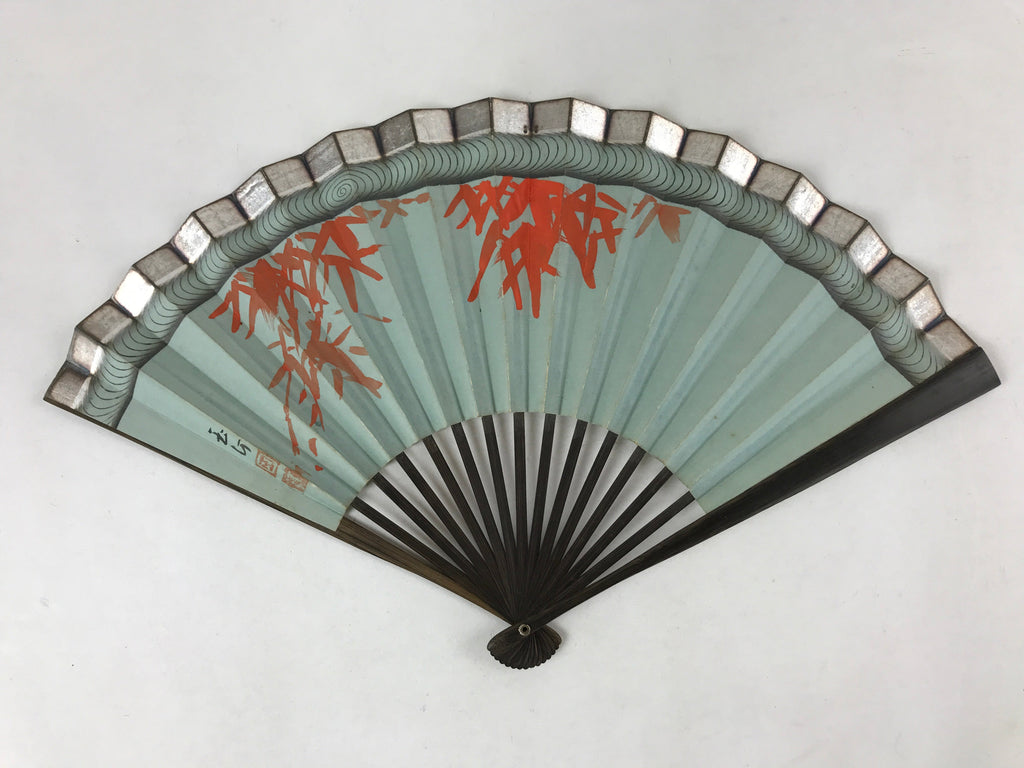 Japanese Folding Fan Sensu Vtg Bamboo Frame Maple Silver Blue Red Seal 4D758
