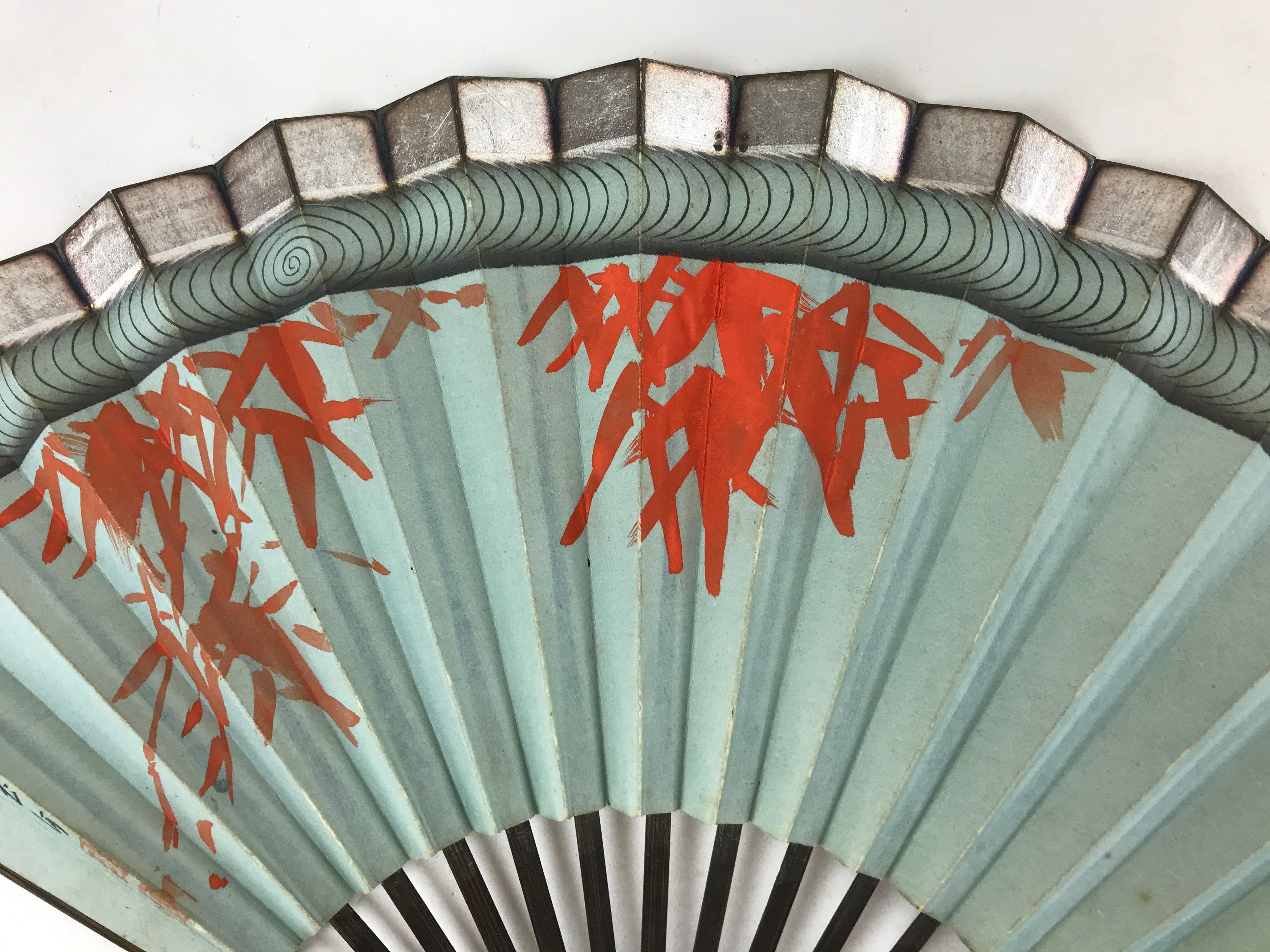 Japanese Folding Fan Sensu Vtg Bamboo Frame Maple Silver Blue Red Seal 4D758
