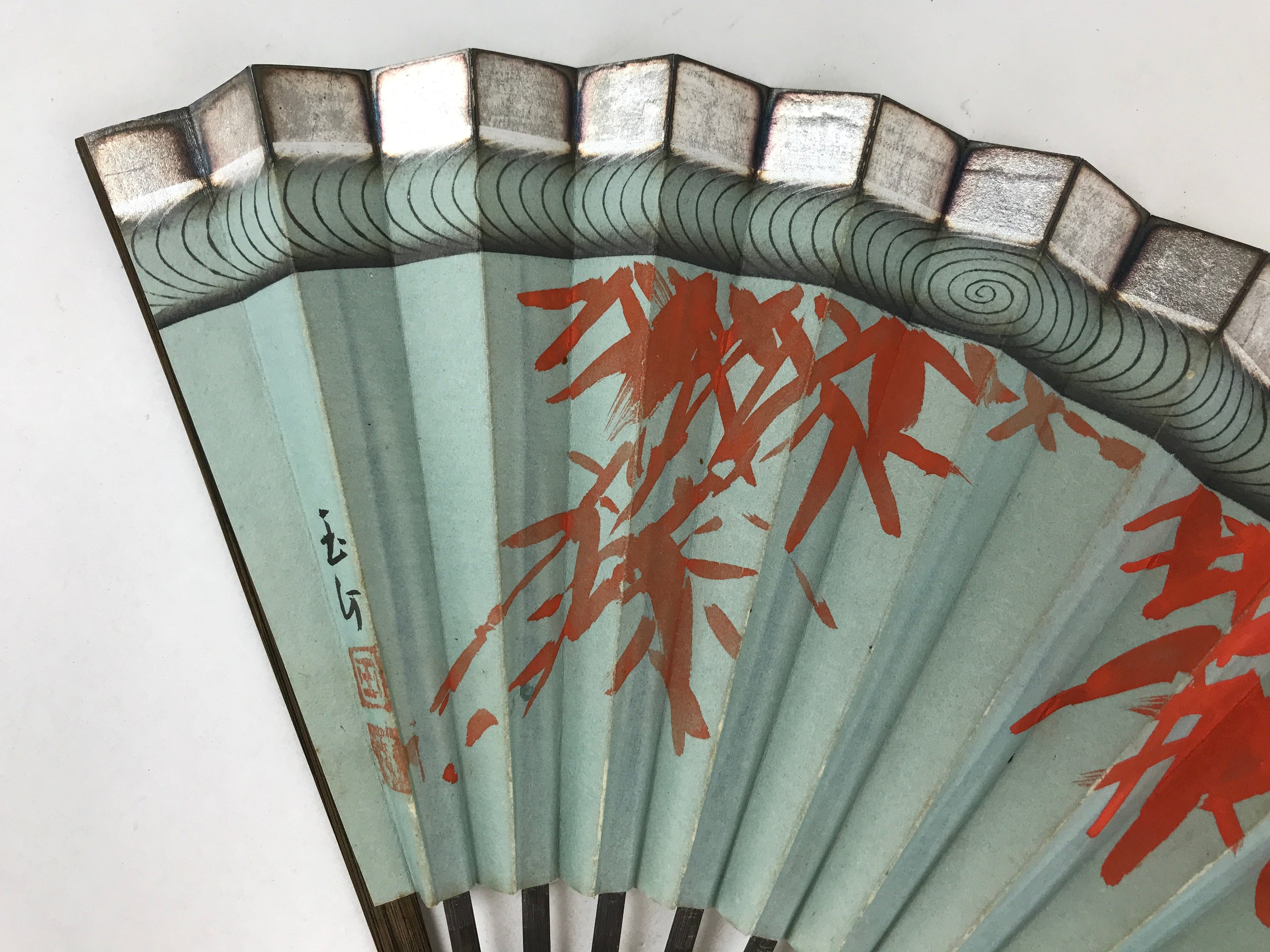 Japanese Folding Fan Sensu Vtg Bamboo Frame Maple Silver Blue Red Seal 4D758
