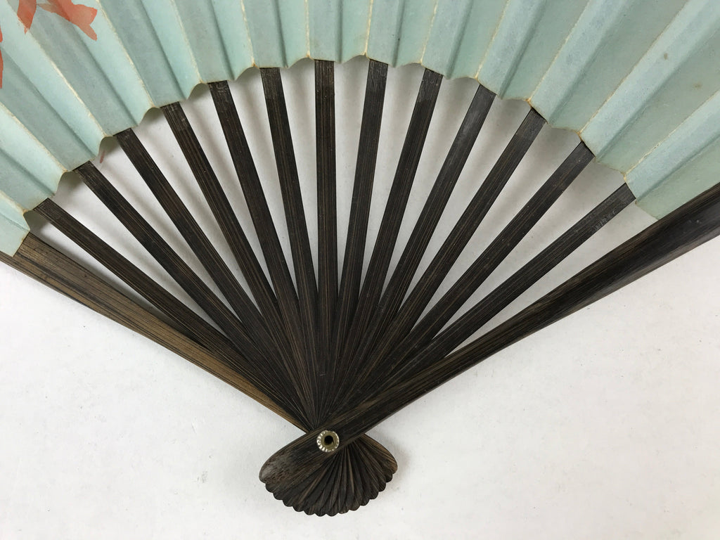 Japanese Folding Fan Sensu Vtg Bamboo Frame Maple Silver Blue Red Seal 4D758