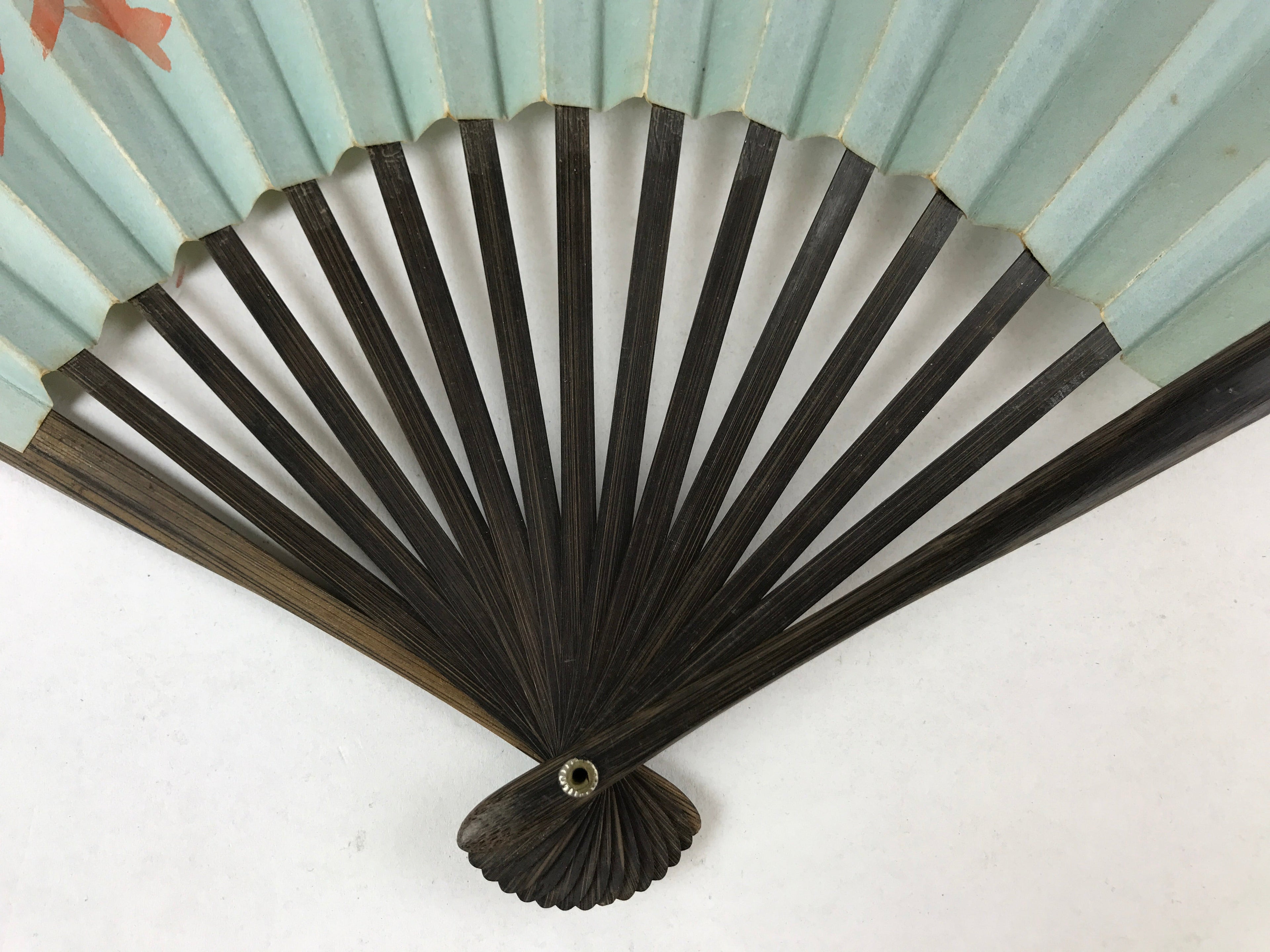Japanese Folding Fan Sensu Vtg Bamboo Frame Maple Silver Blue Red Seal 4D758