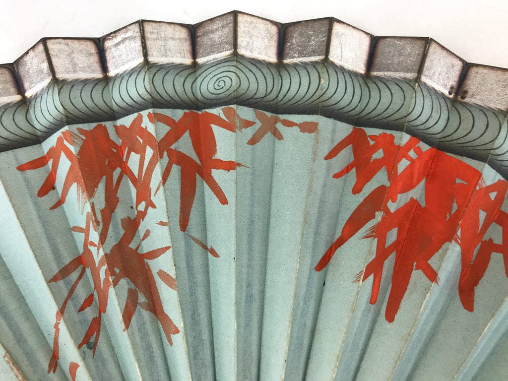 Japanese Folding Fan Sensu Vtg Bamboo Frame Maple Silver Blue Red Seal 4D758
