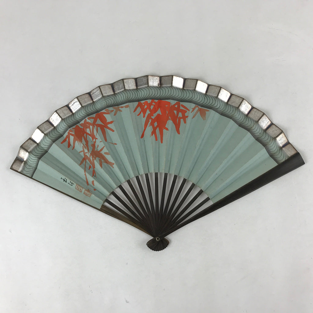 Japanese Folding Fan Sensu Vtg Bamboo Frame Maple Silver Blue Red Seal 4D758