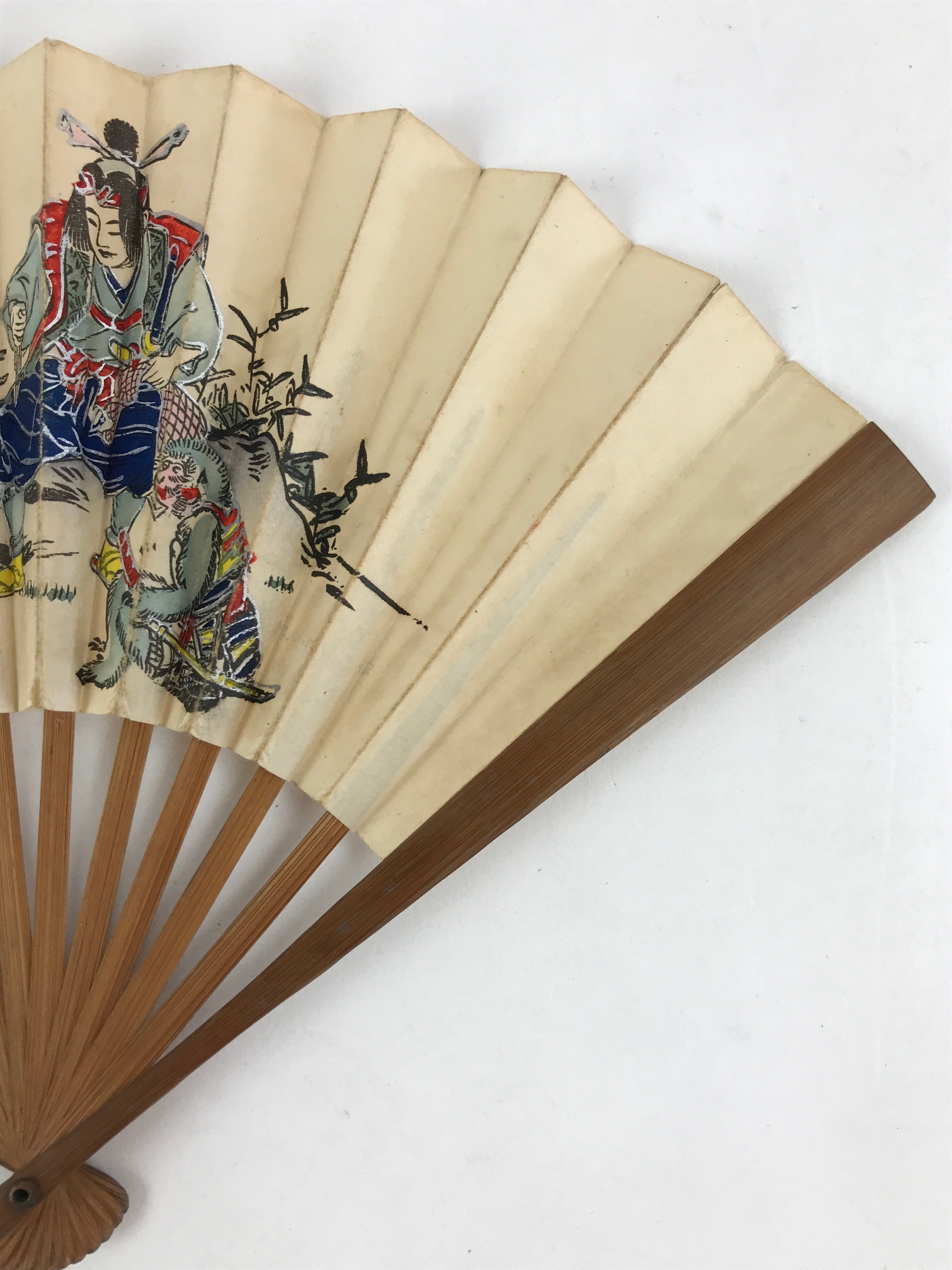 Japanese Folding Fan Vtg Sensu Bamboo Frame Paper Kimono Boy 4D624