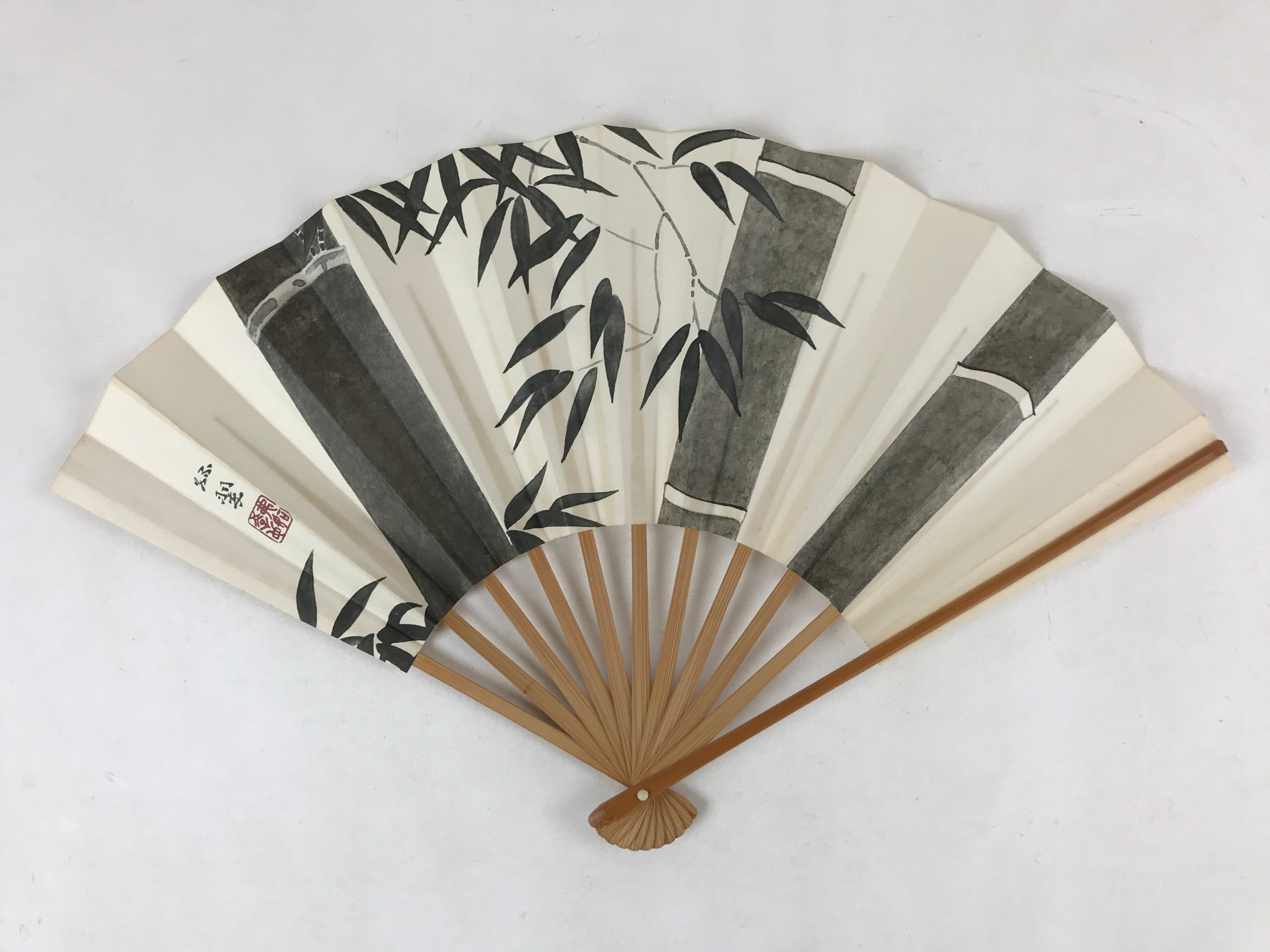 Japanese Folding Fan Sensu Vtg Bamboo Frame Monochrome Bamboo Foliage 4D693