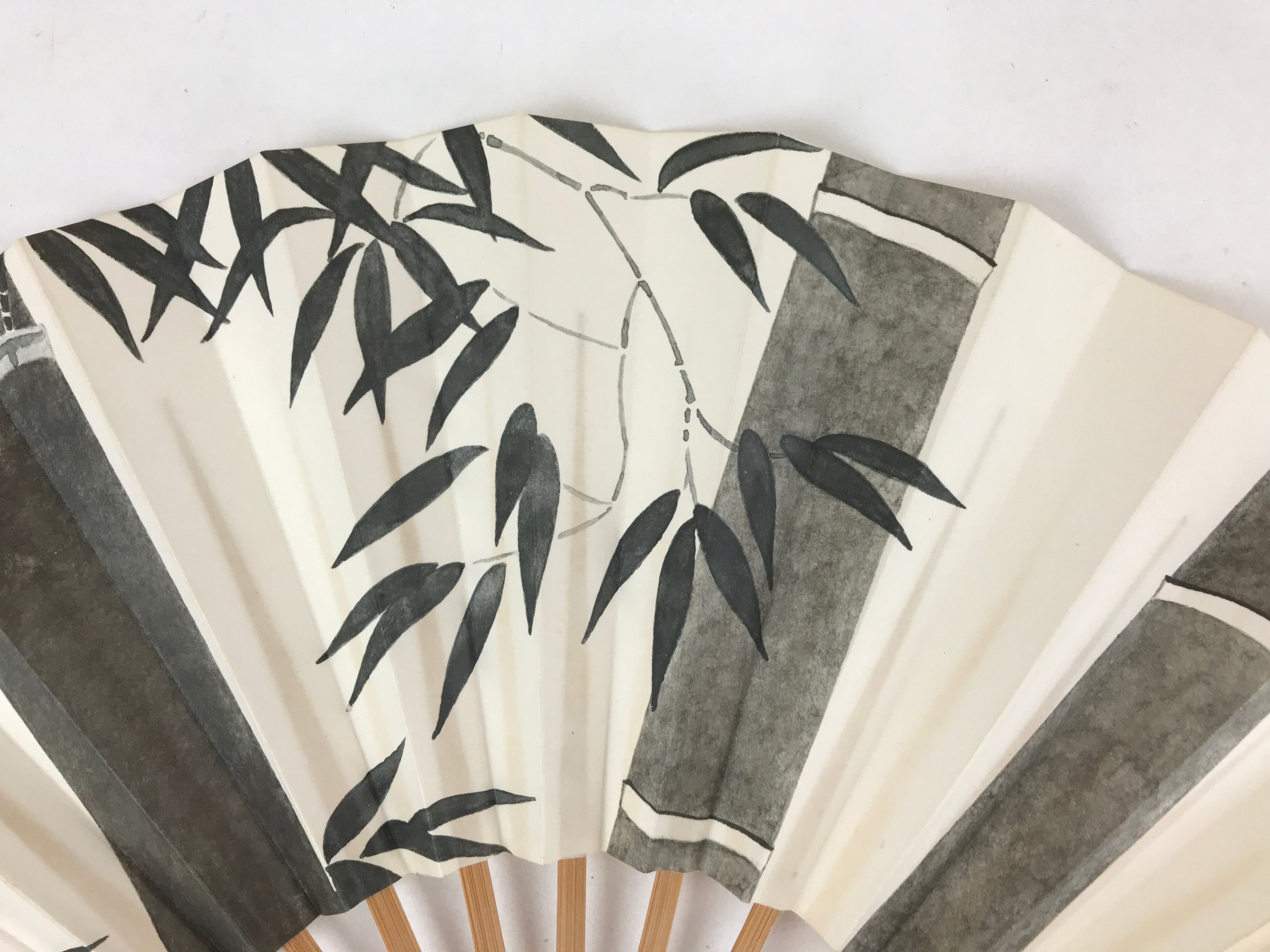 Japanese Folding Fan Sensu Vtg Bamboo Frame Monochrome Bamboo Foliage 4D693