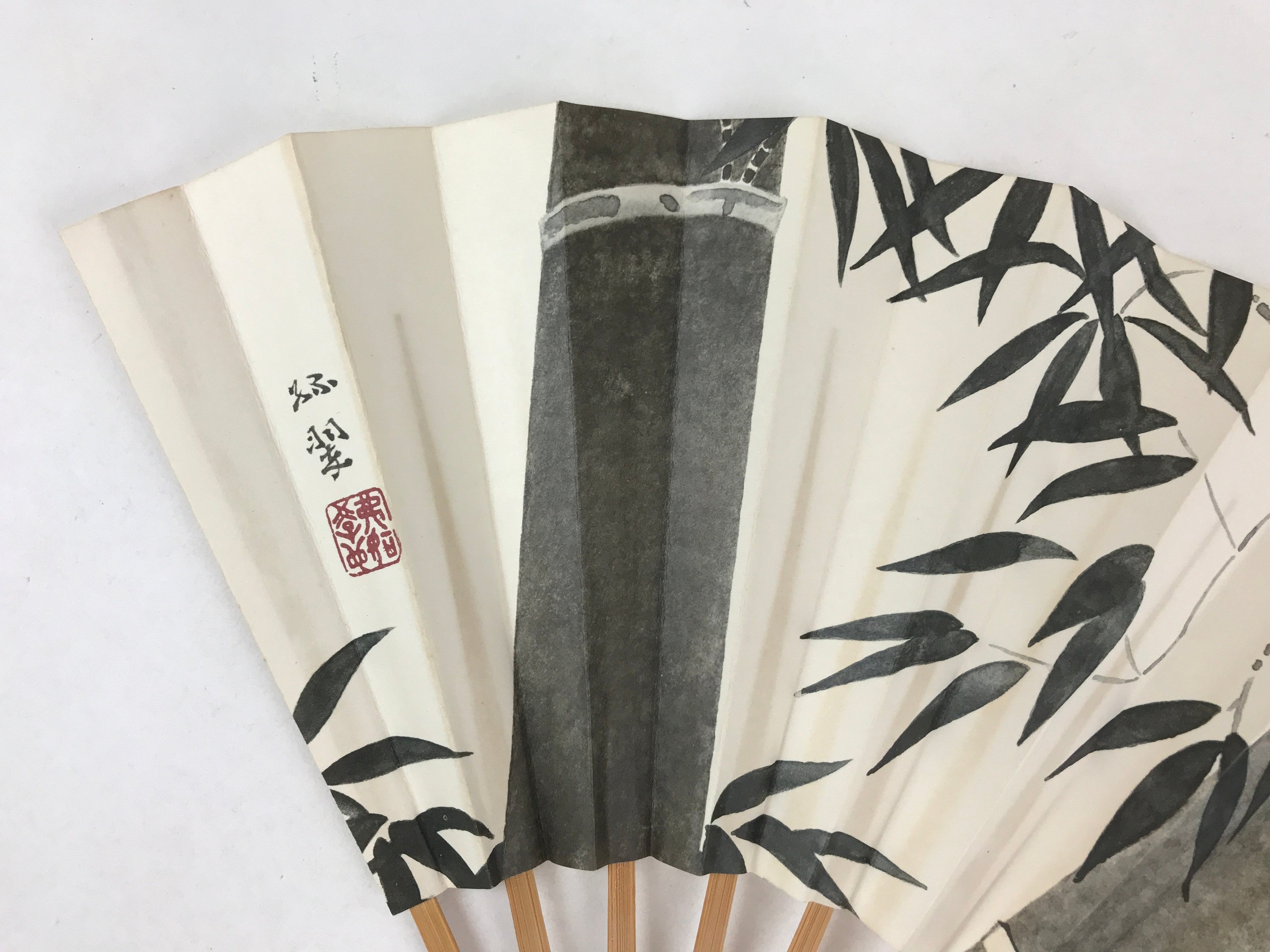 Japanese Folding Fan Sensu Vtg Bamboo Frame Monochrome Bamboo Foliage 4D693