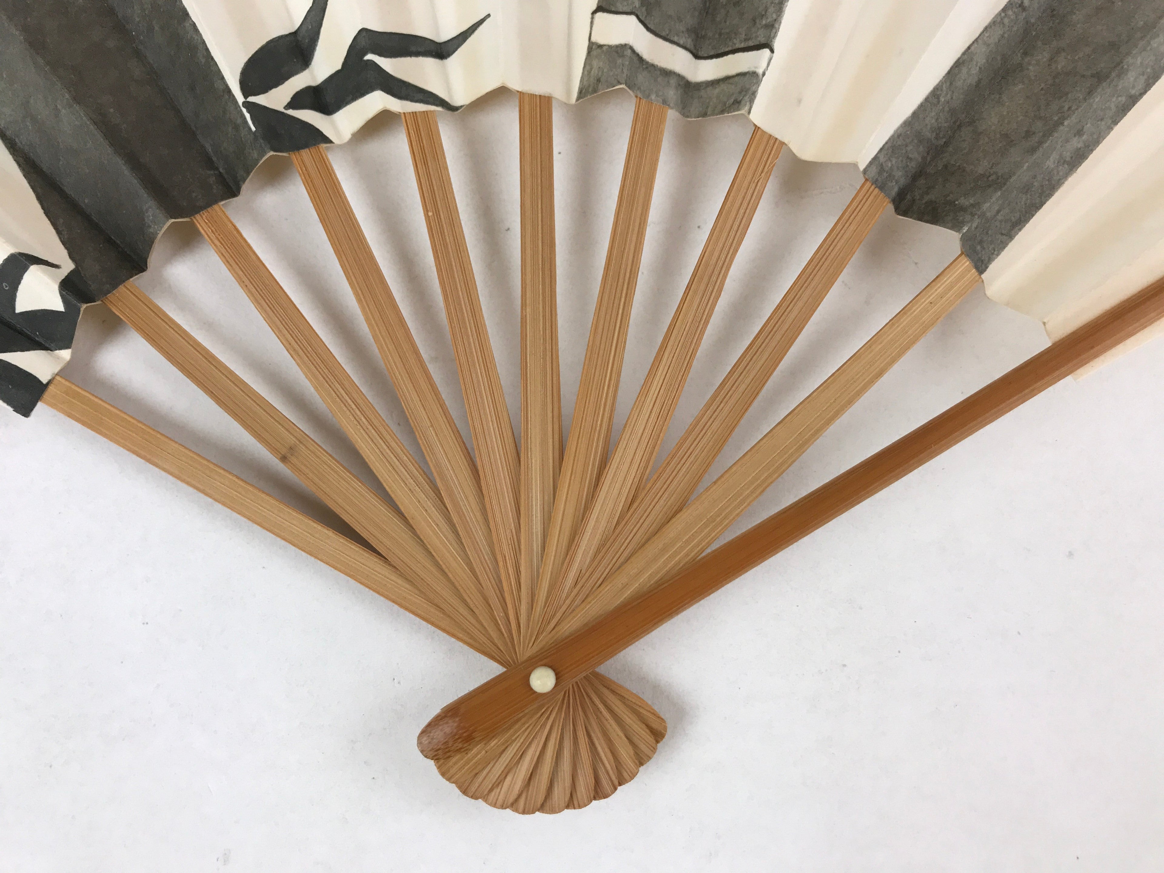 Japanese Folding Fan Sensu Vtg Bamboo Frame Monochrome Bamboo Foliage 4D693