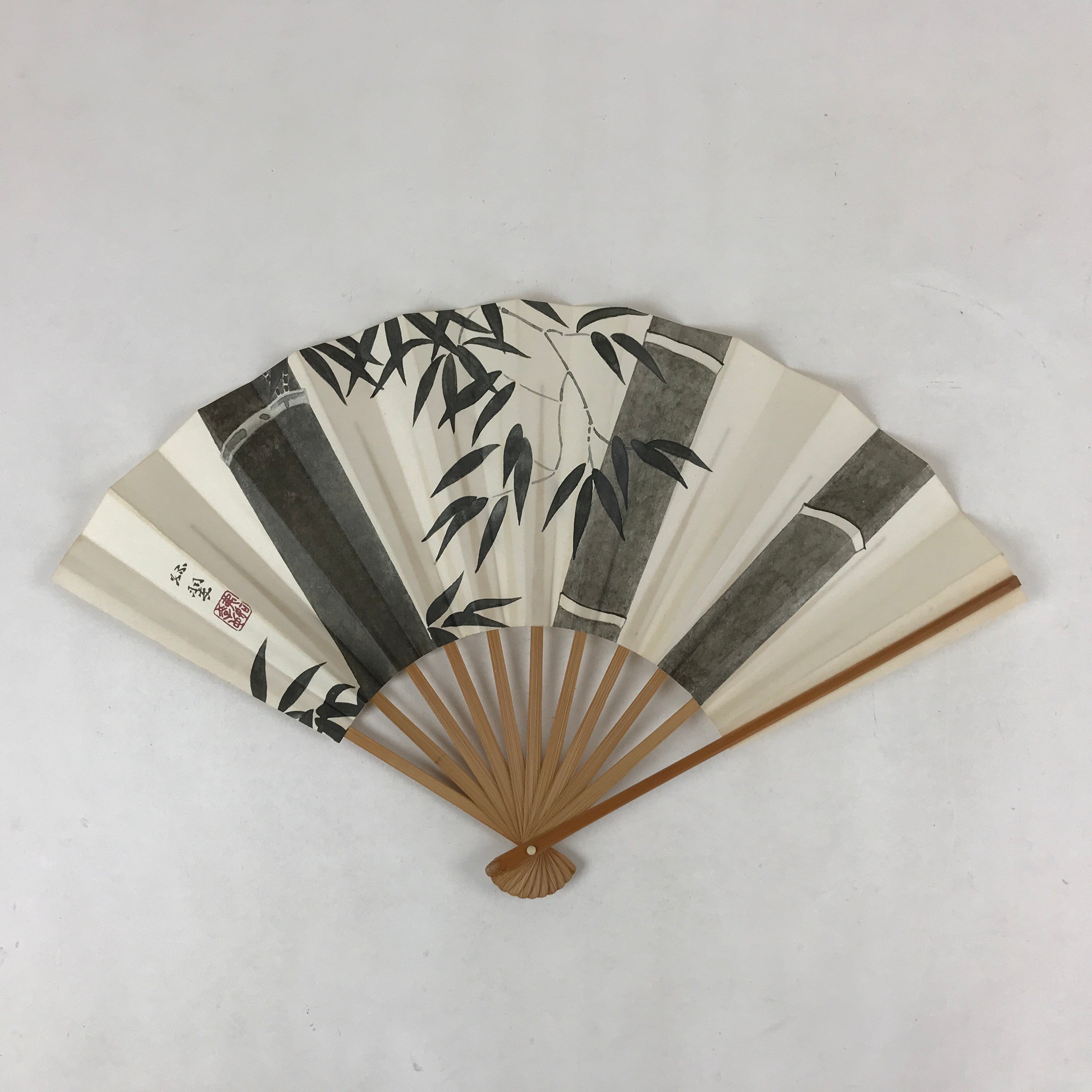 Japanese Folding Fan Sensu Vtg Bamboo Frame Monochrome Bamboo Foliage 4D693