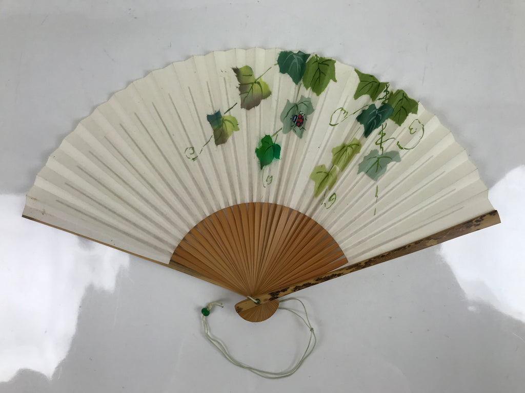 Japanese Folding Fan Sensu Vtg Bamboo Frame Morning Glory Leaves Ladybug 4D800