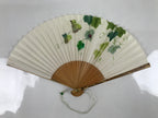 Japanese Folding Fan Sensu Vtg Bamboo Frame Morning Glory Leaves Ladybug 4D800