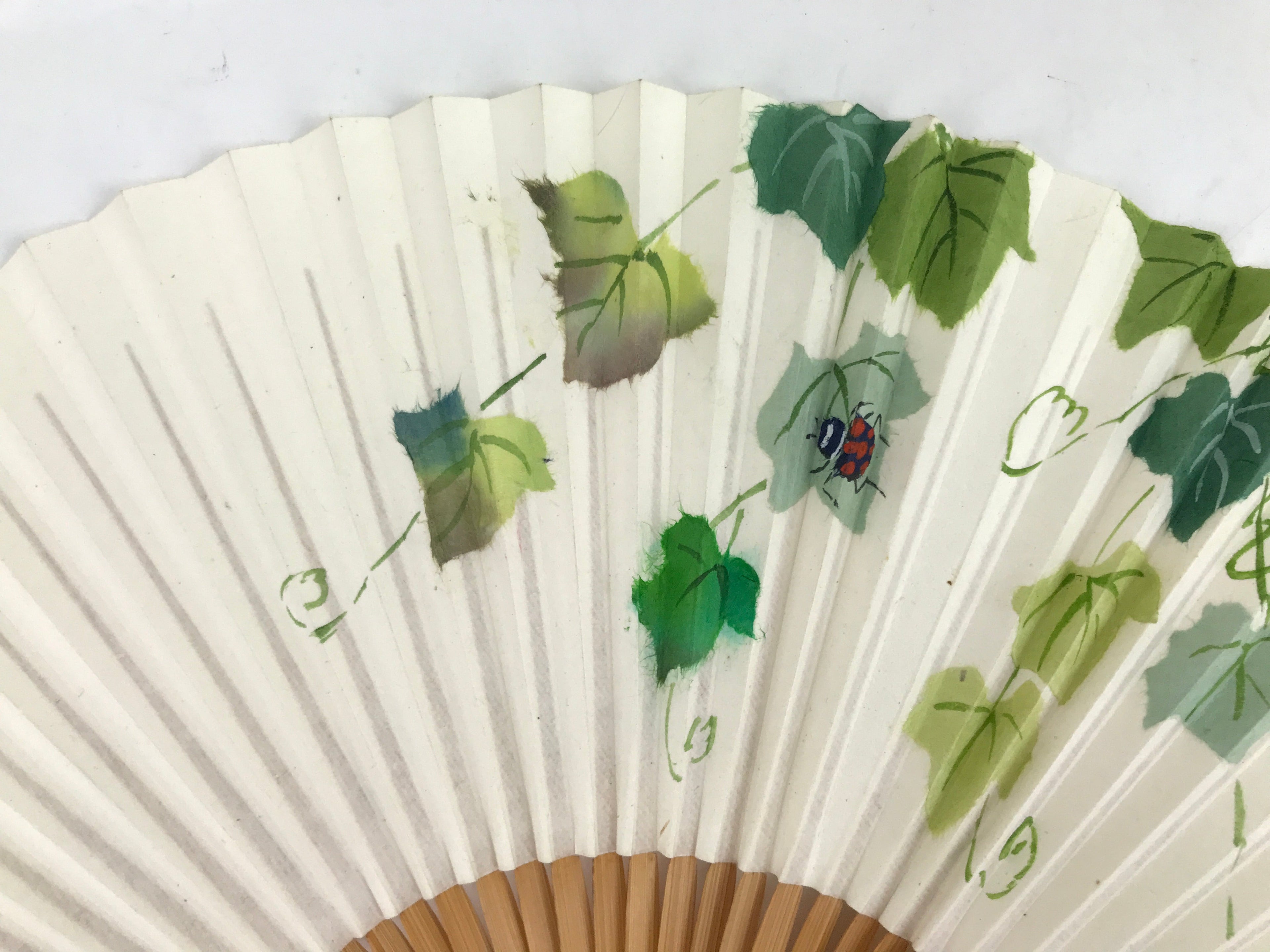 Japanese Folding Fan Sensu Vtg Bamboo Frame Morning Glory Leaves Ladybug 4D800