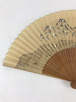 Japanese Folding Fan Sensu Vtg Bamboo Frame Mountains Beige Silver Gold 4D684