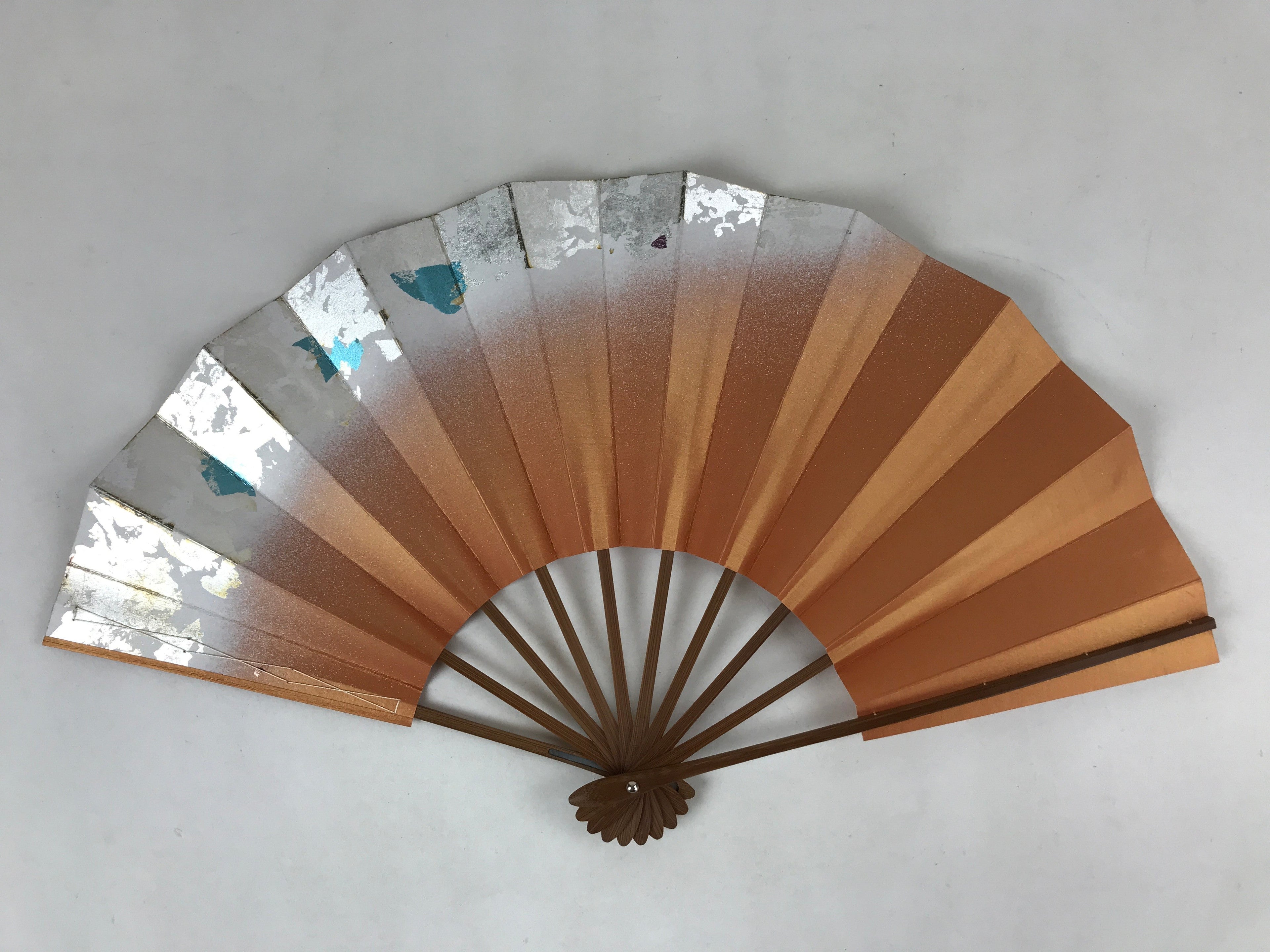 Japanese Folding Fan Sensu Vtg Bamboo Frame Orange Silver Blue Foil W/ Box 4D696