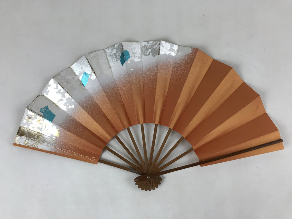 Japanese Folding Fan Sensu Vtg Bamboo Frame Orange Silver Blue Foil W/ Box 4D696