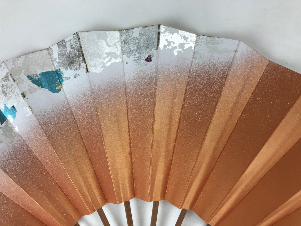 Japanese Folding Fan Sensu Vtg Bamboo Frame Orange Silver Blue Foil W/ Box 4D696