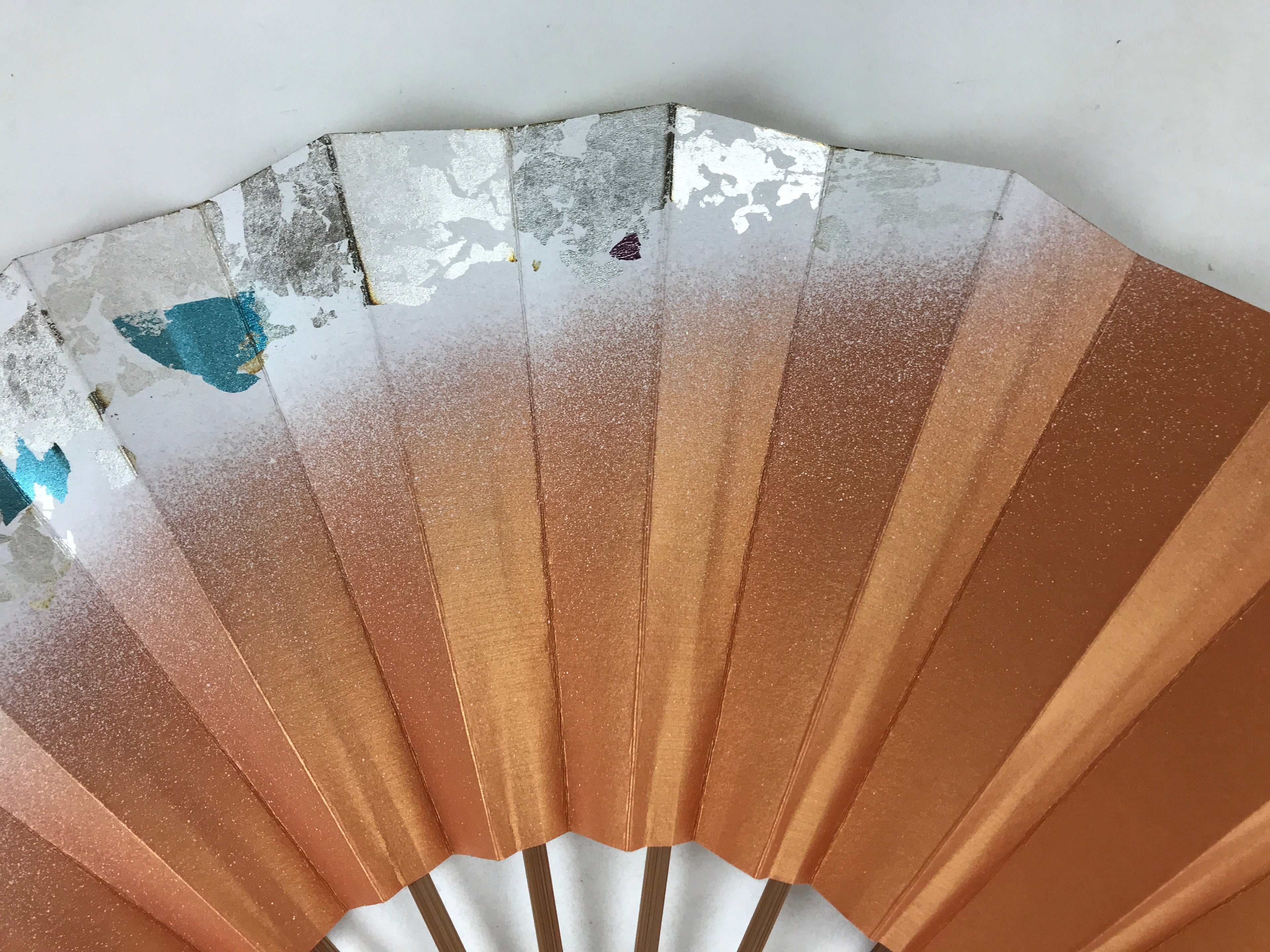 Japanese Folding Fan Sensu Vtg Bamboo Frame Orange Silver Blue Foil W/ Box 4D696