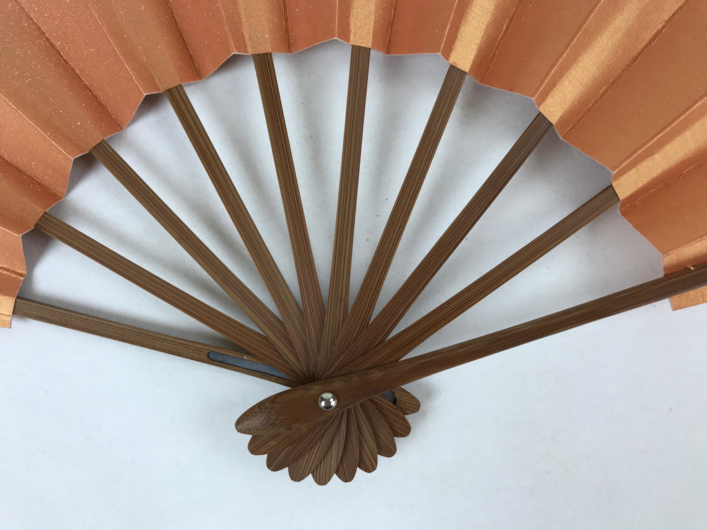 Japanese Folding Fan Sensu Vtg Bamboo Frame Orange Silver Blue Foil W/ Box 4D696
