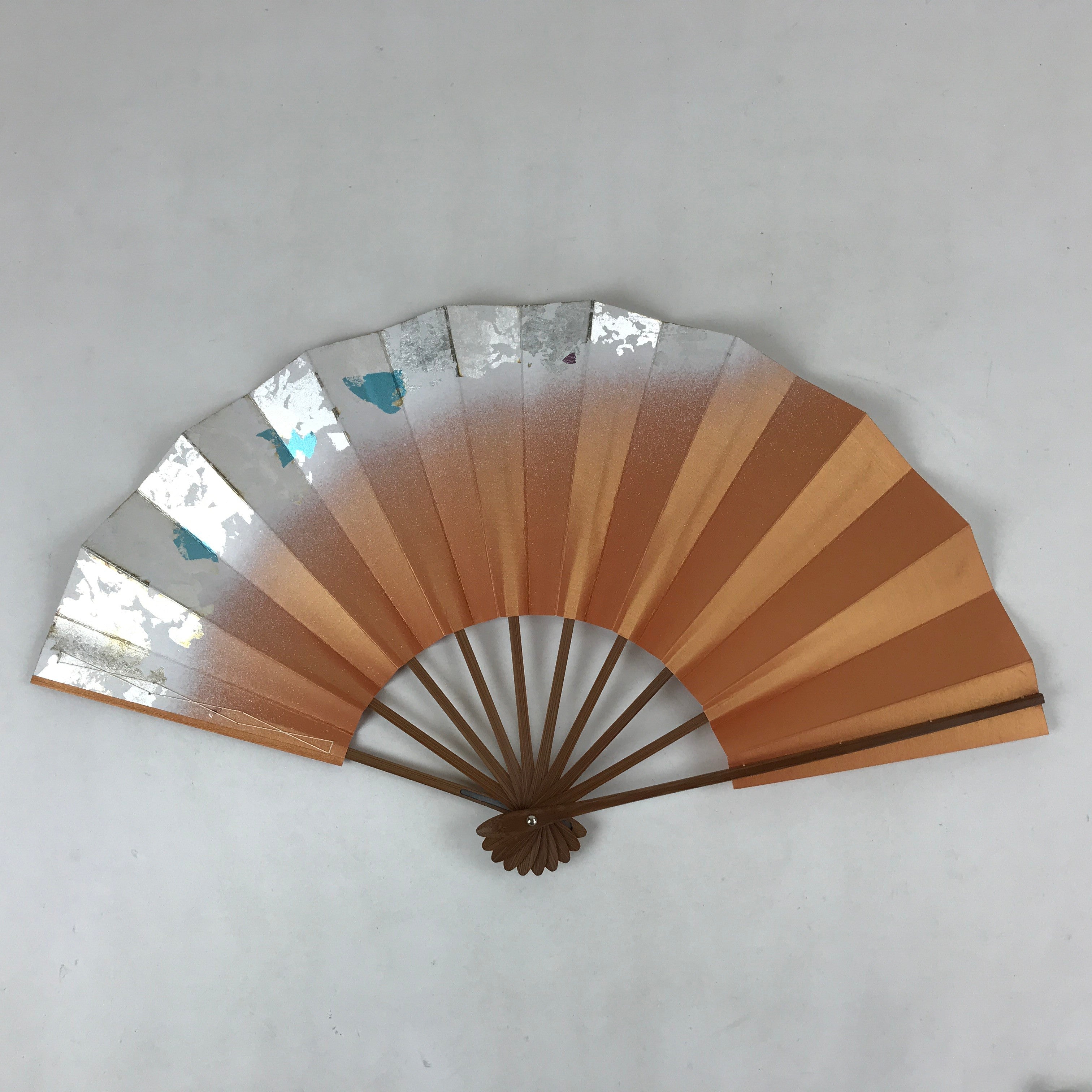 Japanese Folding Fan Sensu Vtg Bamboo Frame Orange Silver Blue Foil W/ Box 4D696