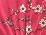 Japanese Folding Fan Sensu Vtg Bamboo Frame Origami Paper Crane Pink 4D763