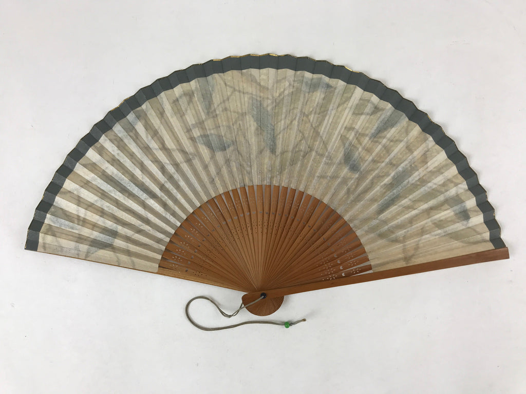 Japanese Folding Fan Sensu Vtg Bamboo Frame Plants Blue Gold Border 4D754