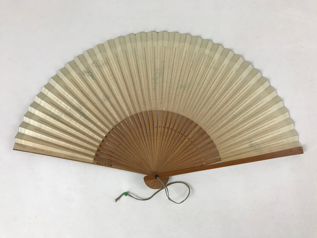 Japanese Folding Fan Sensu Vtg Bamboo Frame Plants Blue Gold Border 4D754