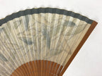 Japanese Folding Fan Sensu Vtg Bamboo Frame Plants Blue Gold Border 4D754