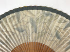 Japanese Folding Fan Sensu Vtg Bamboo Frame Plants Blue Gold Border 4D754