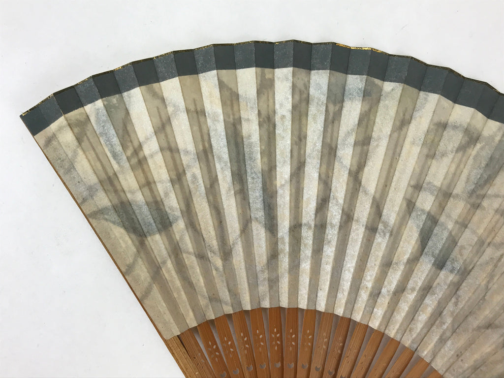 Japanese Folding Fan Sensu Vtg Bamboo Frame Plants Blue Gold Border 4D754