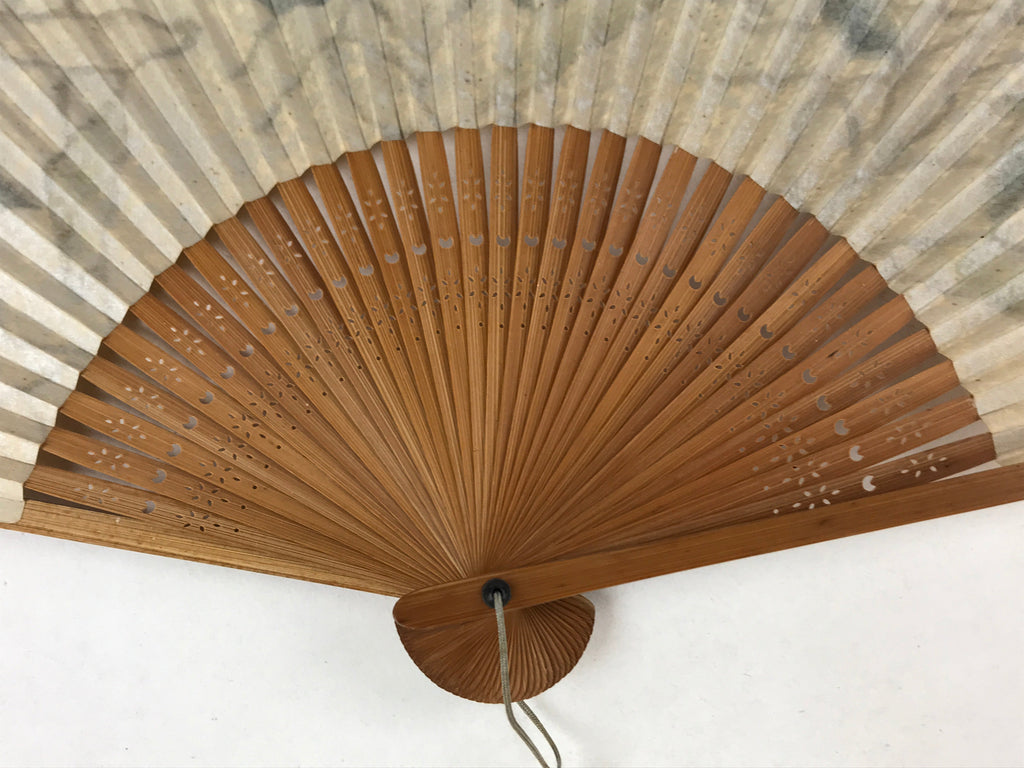 Japanese Folding Fan Sensu Vtg Bamboo Frame Plants Blue Gold Border 4D754